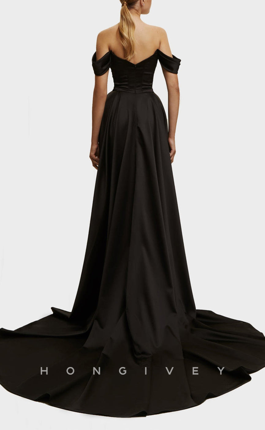 L1546 - Sexy Satin A-Line Off-Shoulder Empire Ruched With Side Slit Train Party Prom Evening Dress