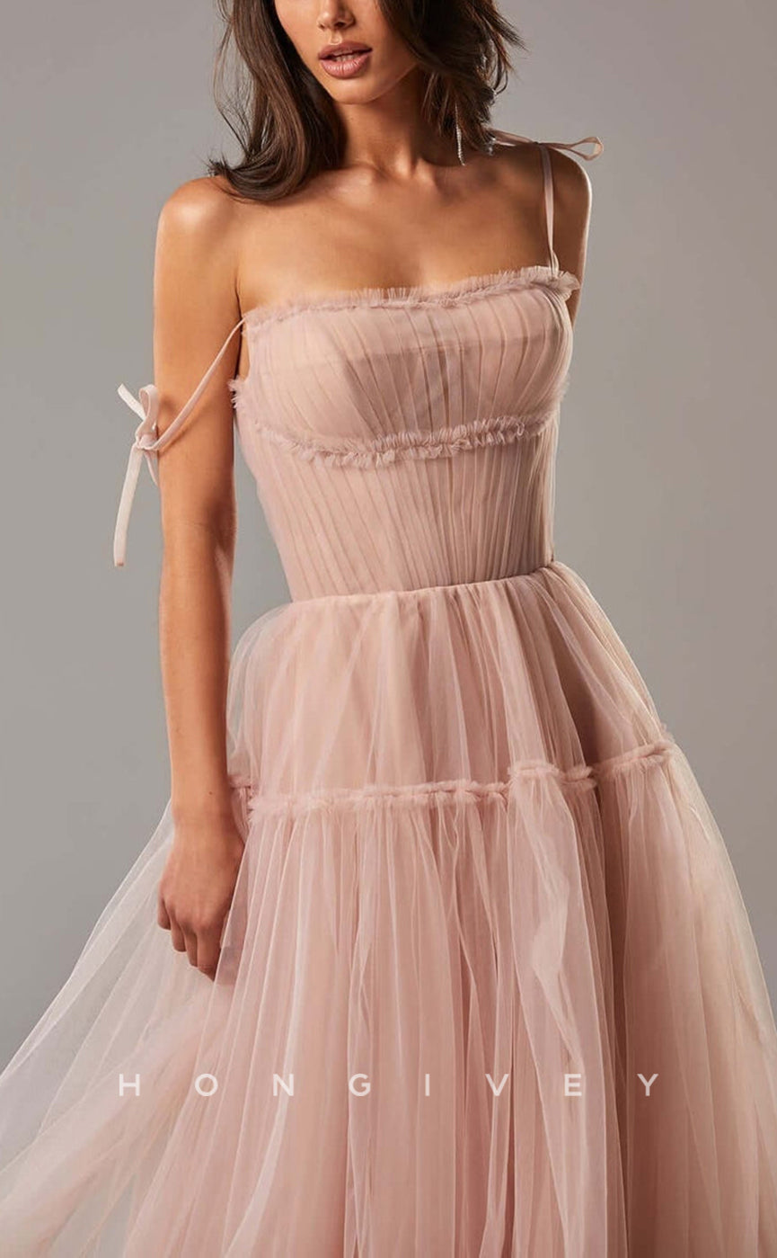 L1548 - Sexy A-Line Tulle Illusion Bowknot Square Spaghetti Straps Empire Party Prom Evening Dress