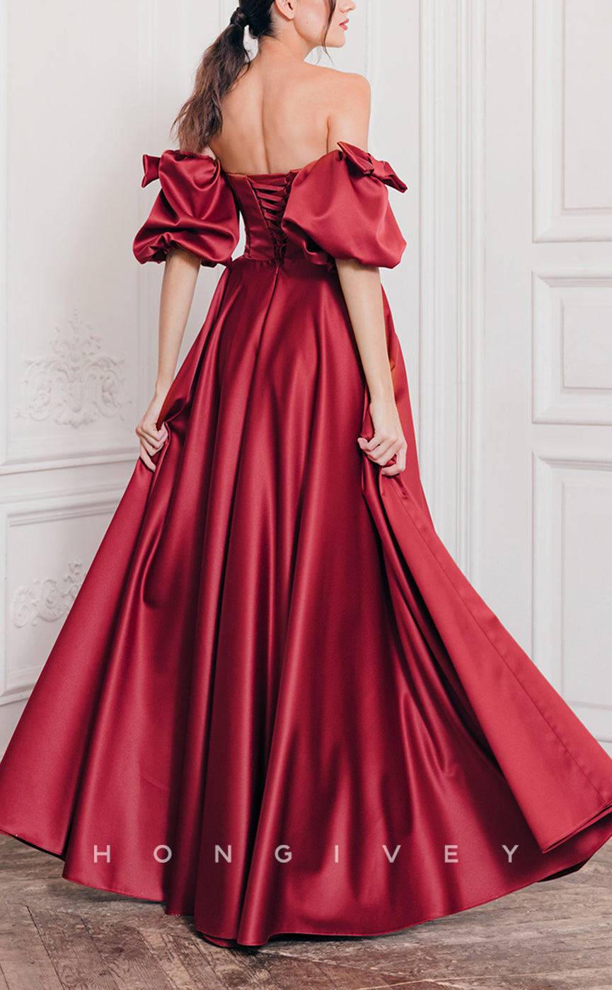 L1551 - Sexy Satin A-Line Sweetheart Strapless Puff Sleeves Gown Empire Ruched With Side Slit Party Prom Evening Dress