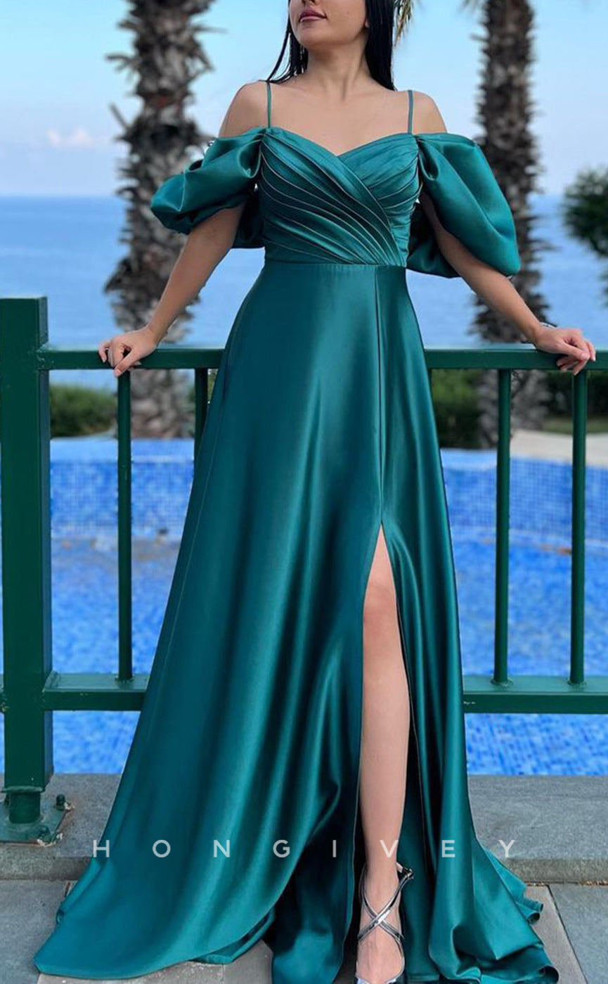 L1565 - Sexy Satin A-Line Off-Shoulder Puff Sleeves Gown Ruched Party Prom Evening Dress