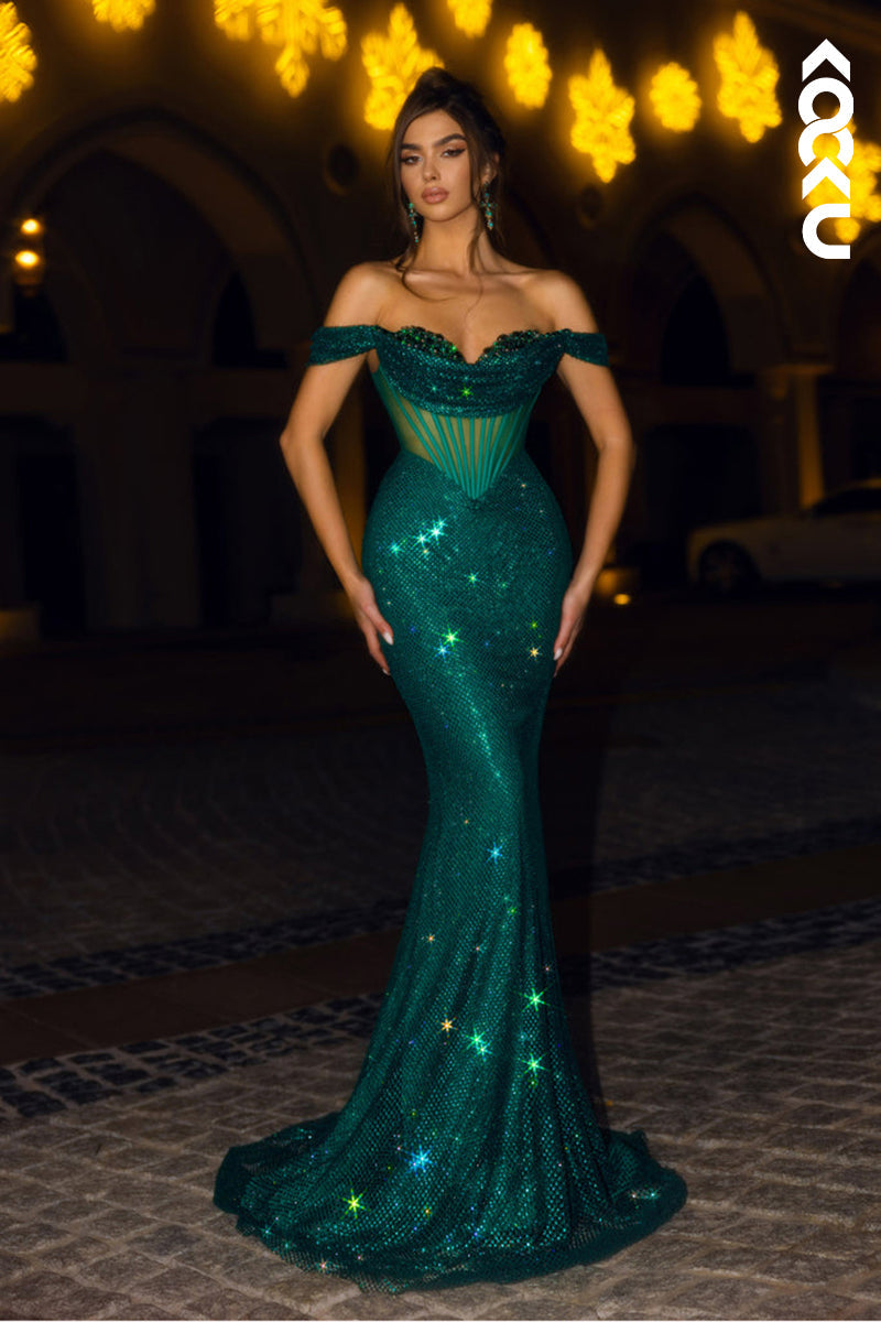 L1566 - Mermaid/Trumpet Off Shoulder Beaded Sequins Long Prom Evening Dress