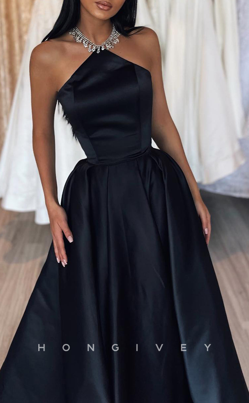 L1576 - Sexy Satin A-Line Halter Sleeveless Empire Party Prom Evening Dress