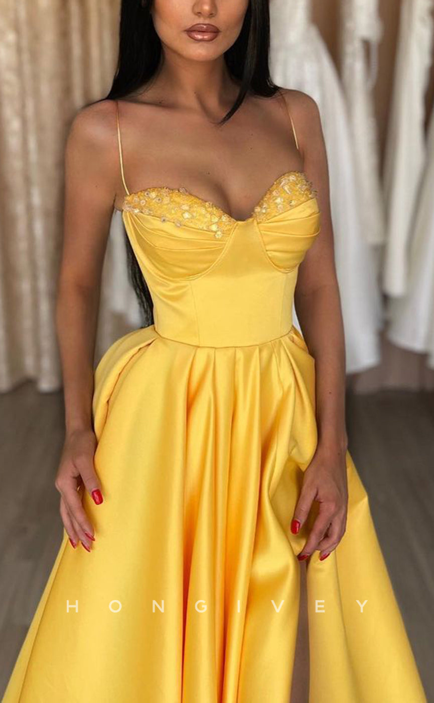 L1583 - Sexy A-Line Satin Sweetheart Spaghetti Straps Ruched With Side Slit Party Prom Evening Dress