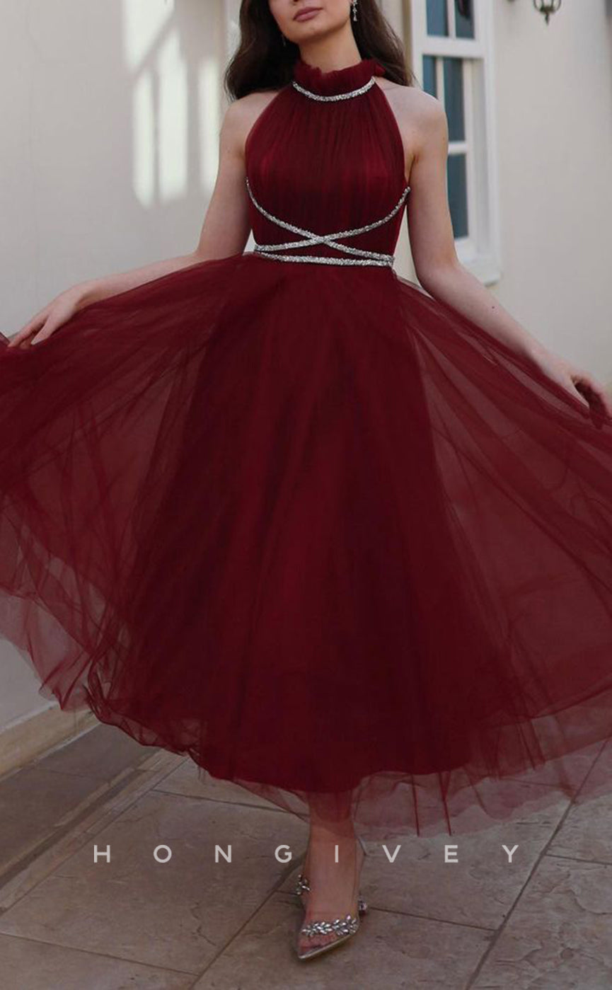 L1589 - Elegant Red A-Line Tulle High Neck Beaded Party Prom Evening Dress