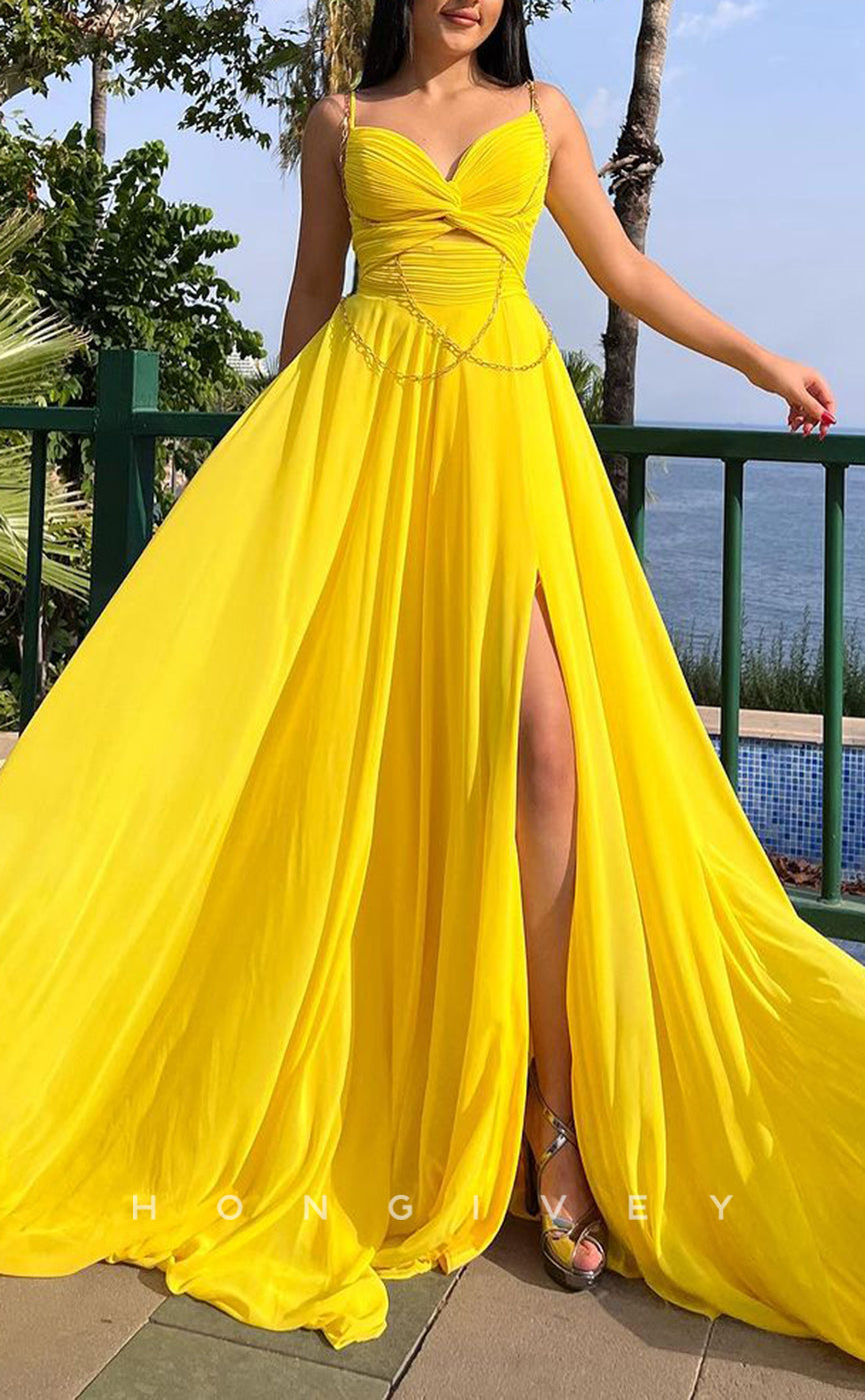 L1591 - Sexy A-Line Satin V-Neck Spaghetti Straps With Slit Train Party Prom Evening Dress