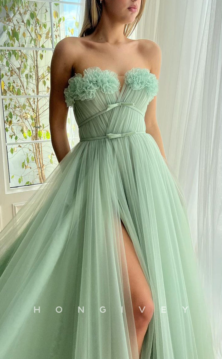 L1596 - Chic A-Line Tulle Strapless Floral Embossed Sleeveless Empire With Side Slit Party Prom Evening Dress