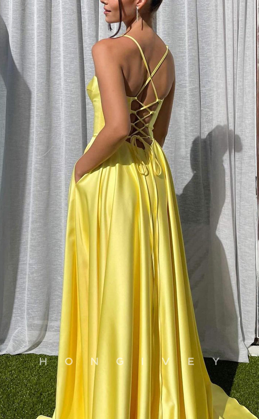 L1638 - Sexy A-Line Satin Plunging Illusion Spaghetti Straps Empire With Side Slit Party Prom Evening Dress