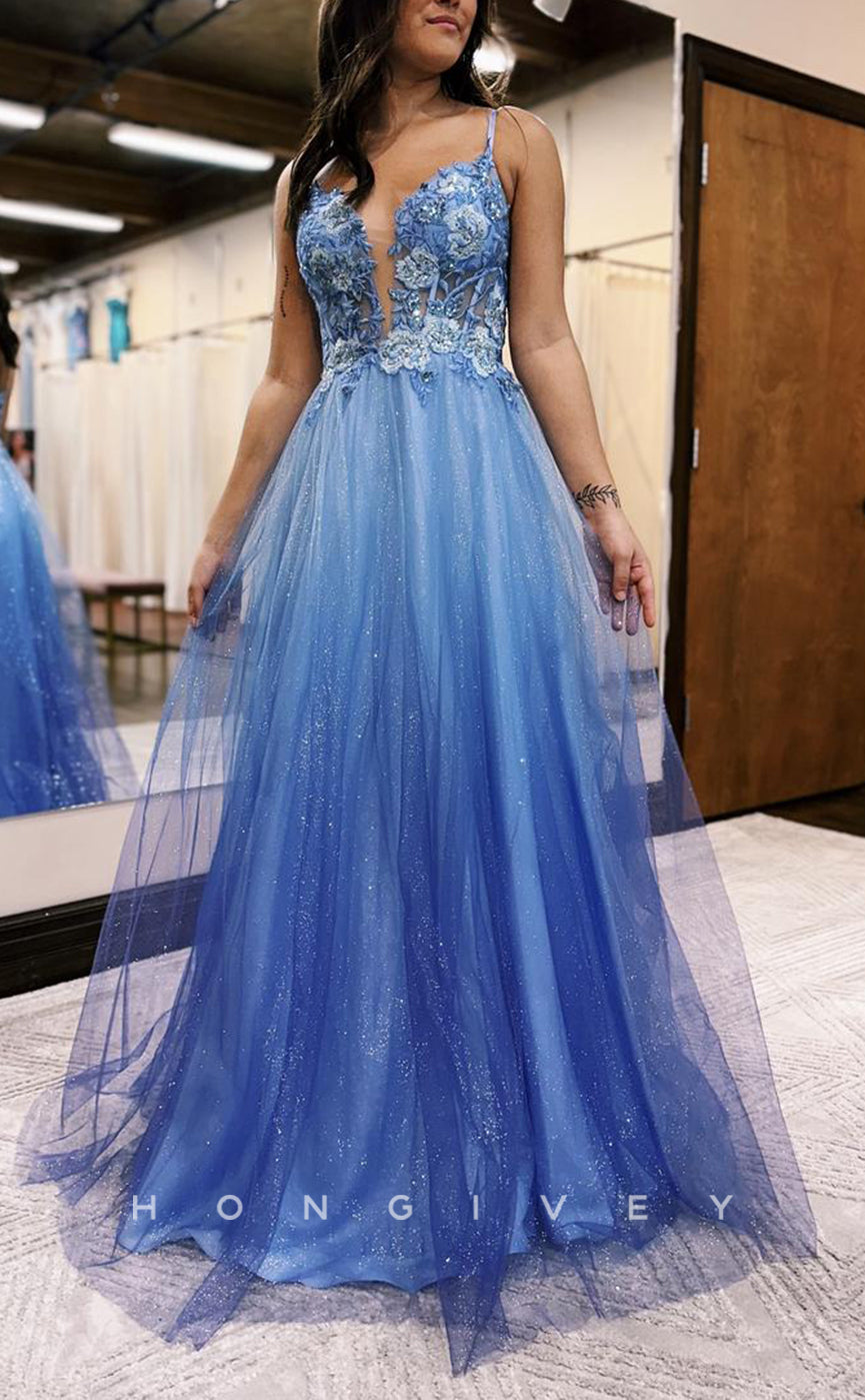 L1639 - Sexy A-Line Tulle Plunging  V-Neck Spaghetti Straps Empire Appliques Party Prom Evening Dress