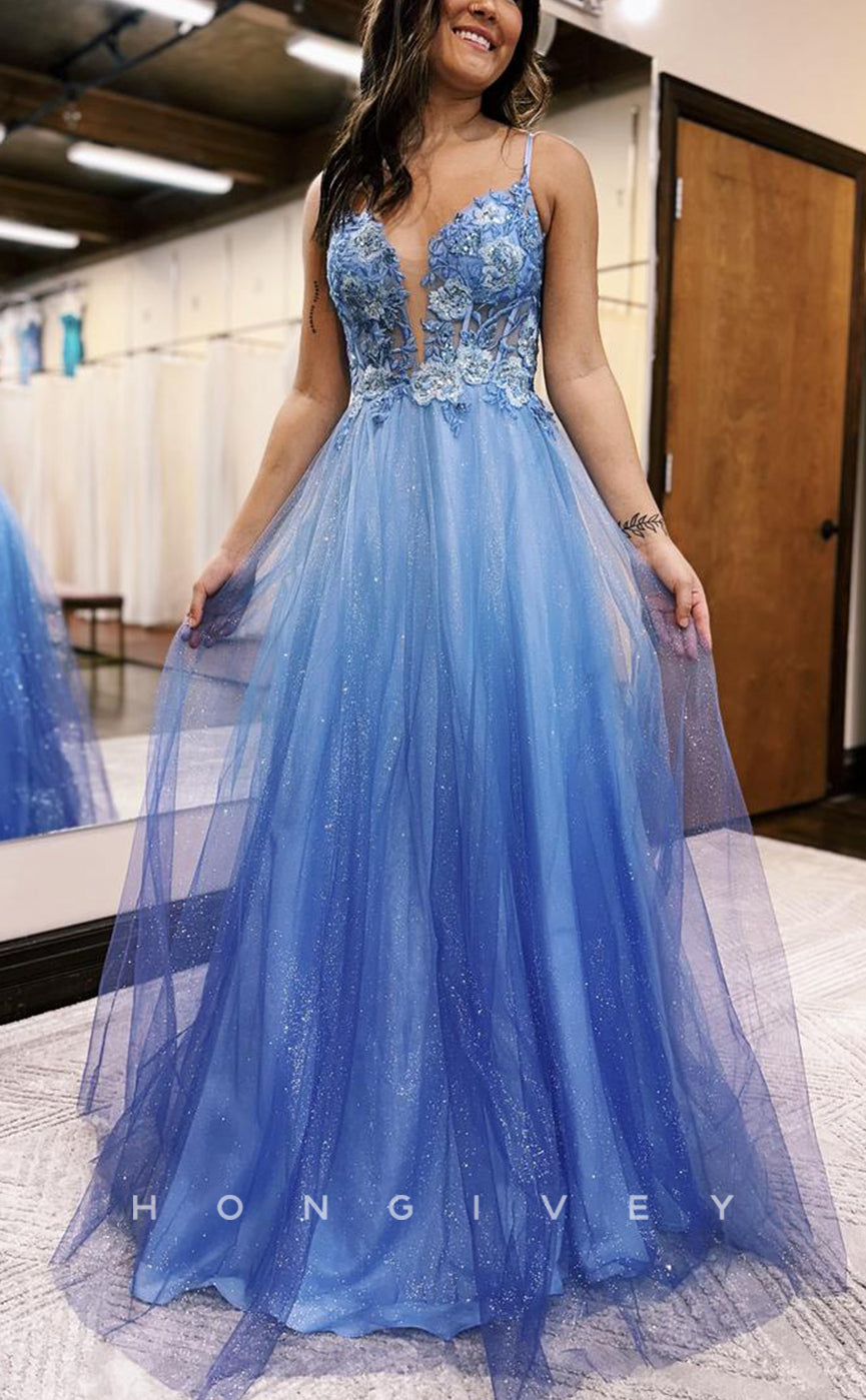 L1639 - Sexy A-Line Tulle Plunging  V-Neck Spaghetti Straps Empire Appliques Party Prom Evening Dress