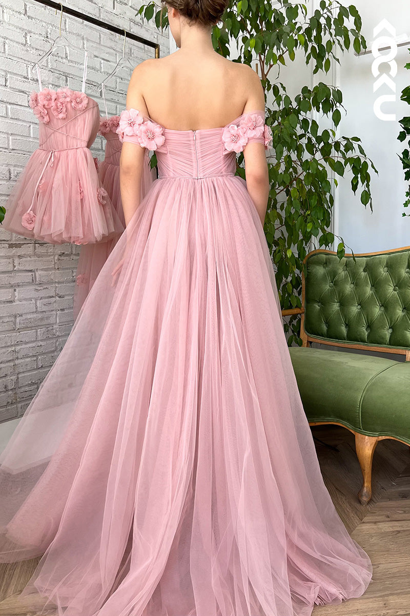 L1663 - Off-Shoulder Floral Tulle A-Line Prom Gown With Thigh Slit