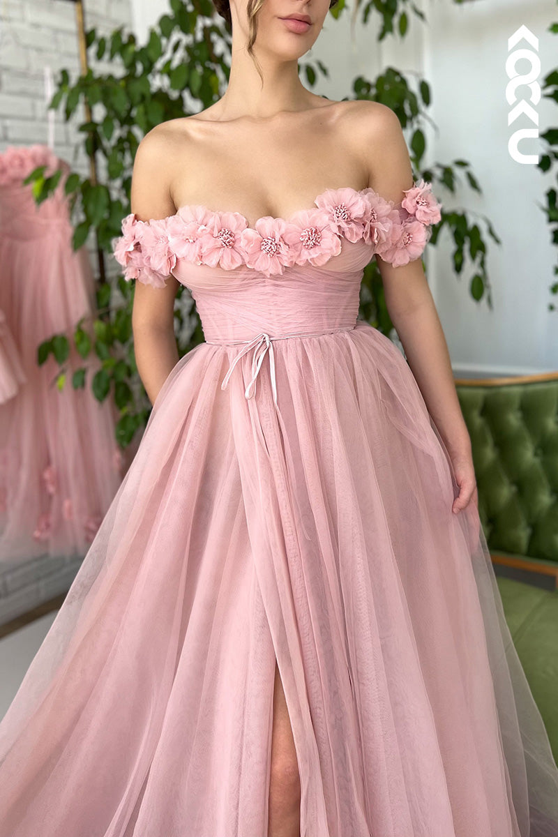 L1663 - Off-Shoulder Floral Tulle A-Line Prom Gown With Thigh Slit