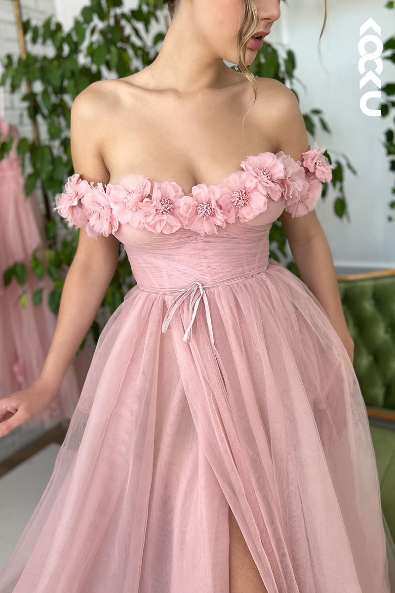 L1663 - Off-Shoulder Floral Tulle A-Line Prom Gown With Thigh Slit