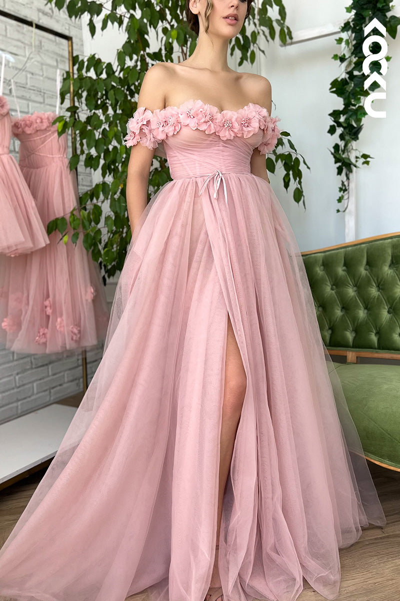 L1663 - Off-Shoulder Floral Tulle A-Line Prom Gown With Thigh Slit