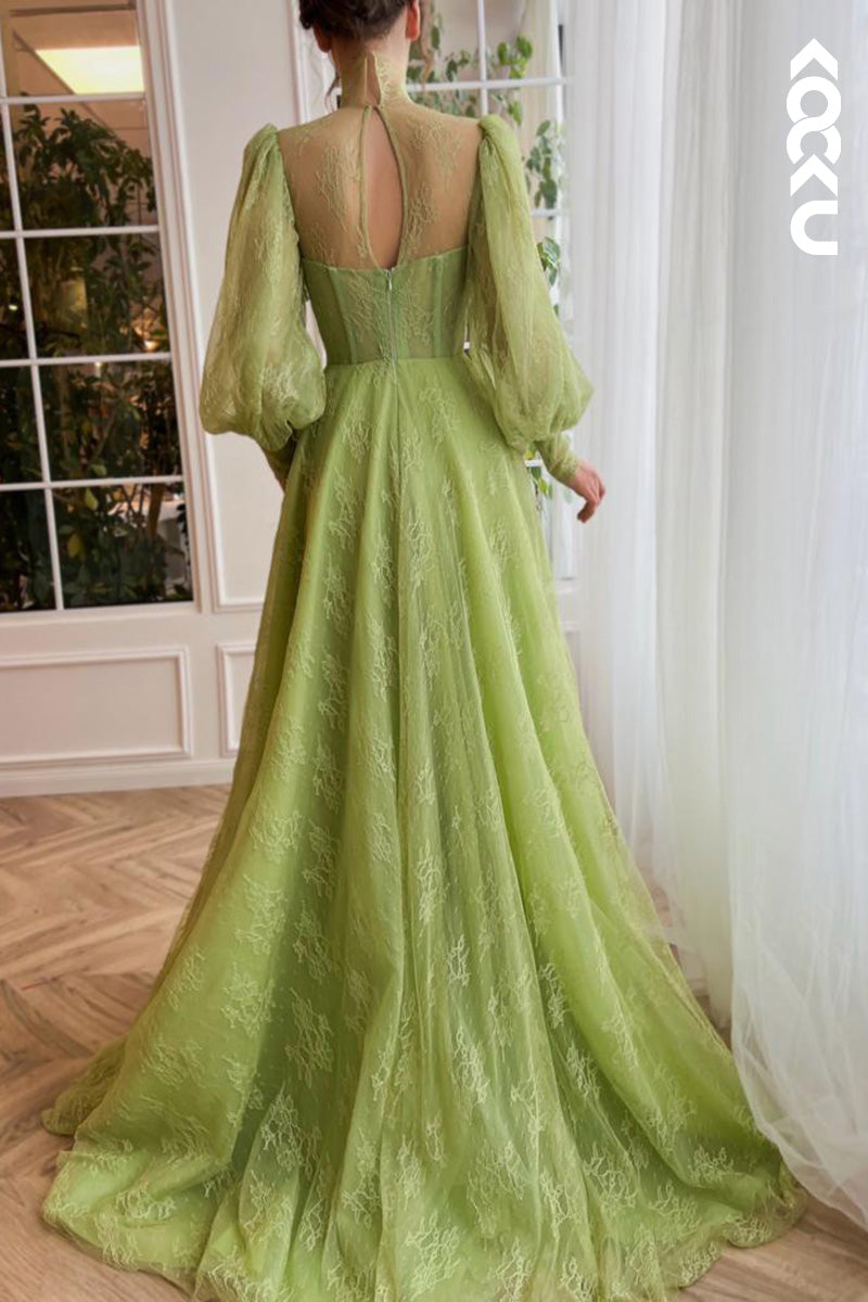 L1664 - High Neck Long Puff Sleeves Tulle A-Line Long Prom Gown