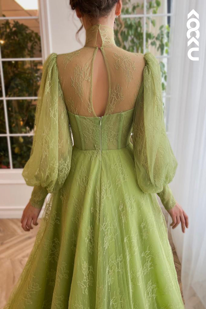 L1664 - High Neck Long Puff Sleeves Tulle A-Line Long Prom Gown