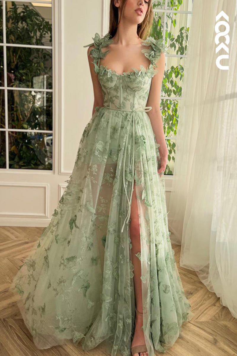 L1665 - Sweetheart Bodice Appliqued Tulle A-Line Long Prom Gown With Slit