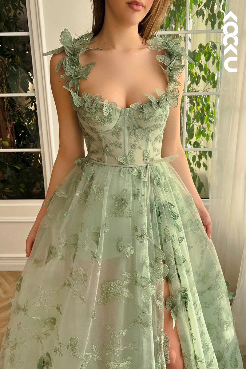 L1665 - Sweetheart Bodice Appliqued Tulle A-Line Long Prom Gown With Slit