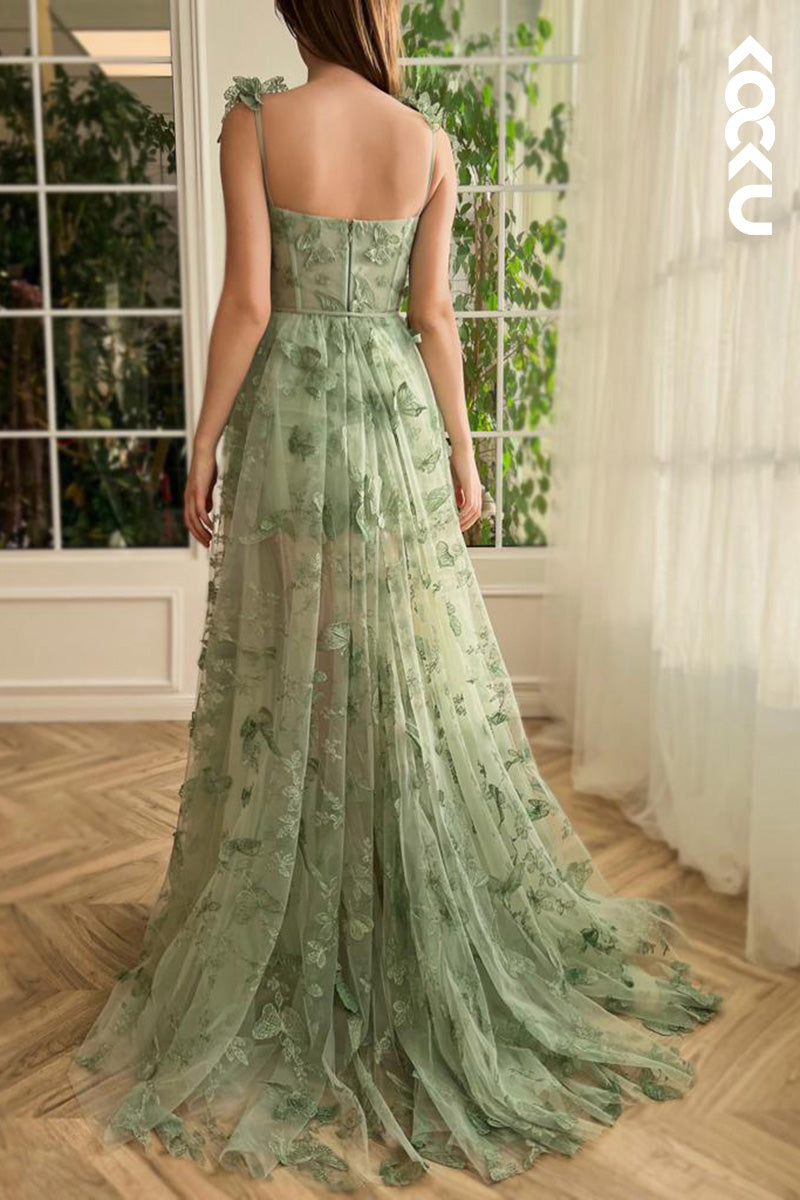 L1665 - Sweetheart Bodice Appliqued Tulle A-Line Long Prom Gown With Slit