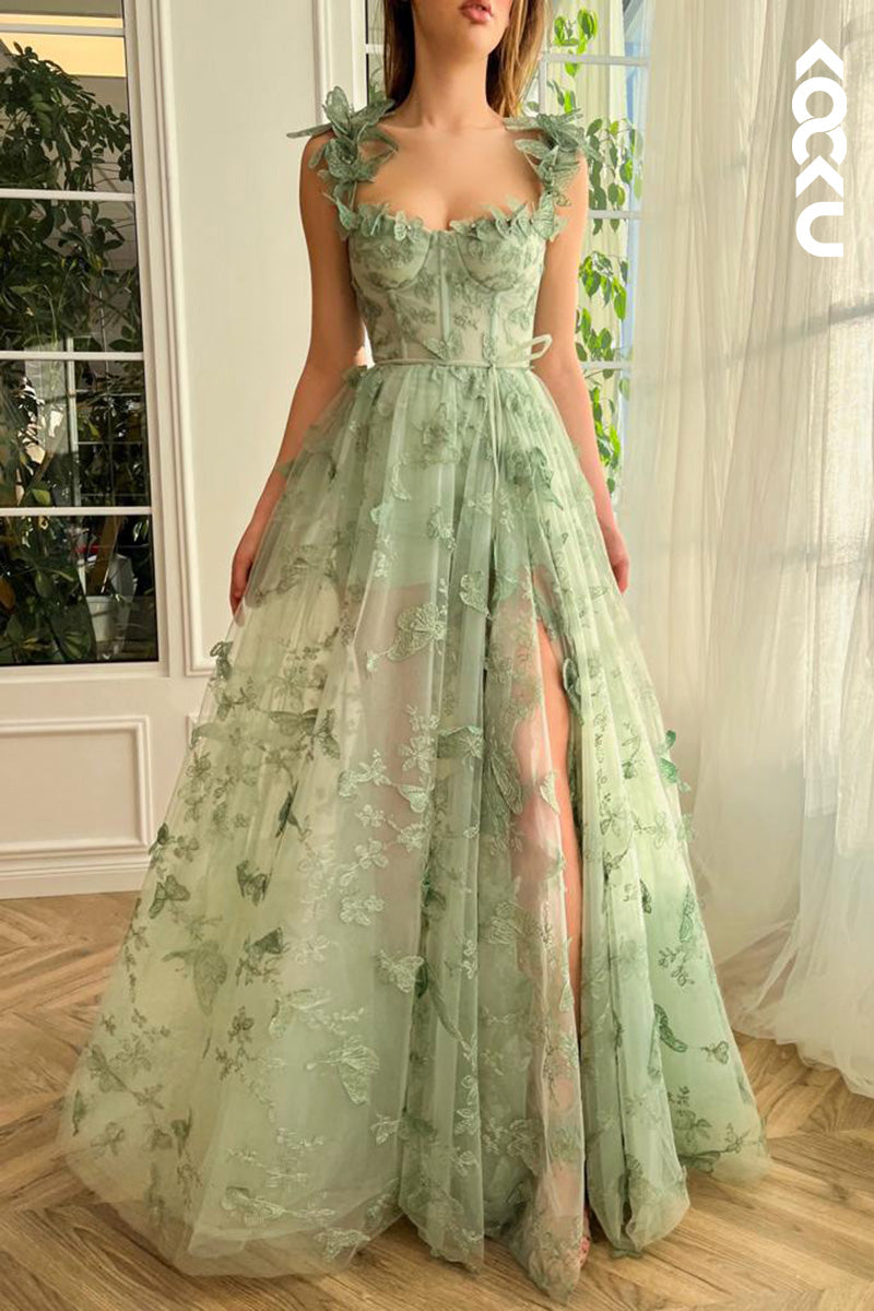 L1665 - Sweetheart Bodice Appliqued Tulle A-Line Long Prom Gown With Slit