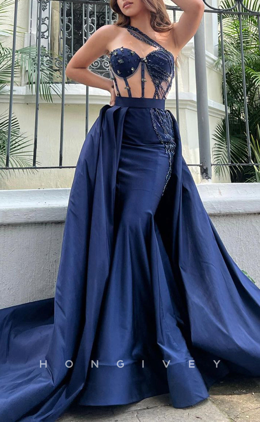 L1671 - Sexy Satin A-Line Off-Shoulder Illusion Empire Appliques Train Party Prom Evening Dress