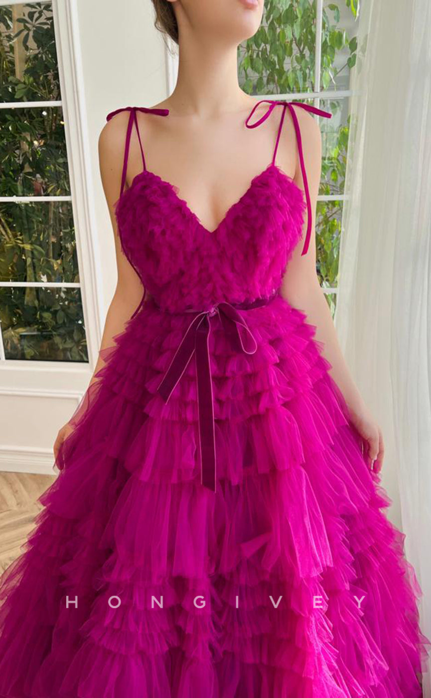 L1699 - Sexy Tulle A-Line Sweetheart Spaghetti Straps Empire Bowknot Tiered Party Prom Evening Dress