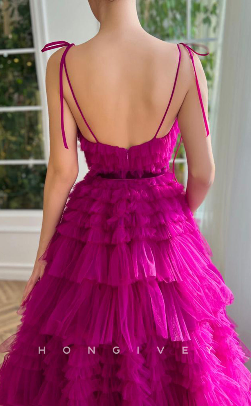 L1699 - Sexy Tulle A-Line Sweetheart Spaghetti Straps Empire Bowknot Tiered Party Prom Evening Dress