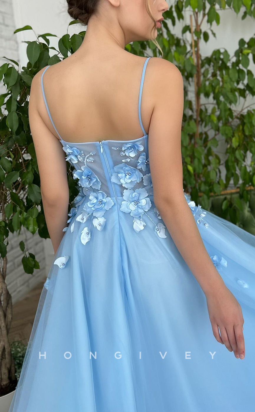 L1704 - Sexy Tulle A-Line Sweetheart Spaghetti Straps Empire Floral Embellished Party Prom Evening Dress