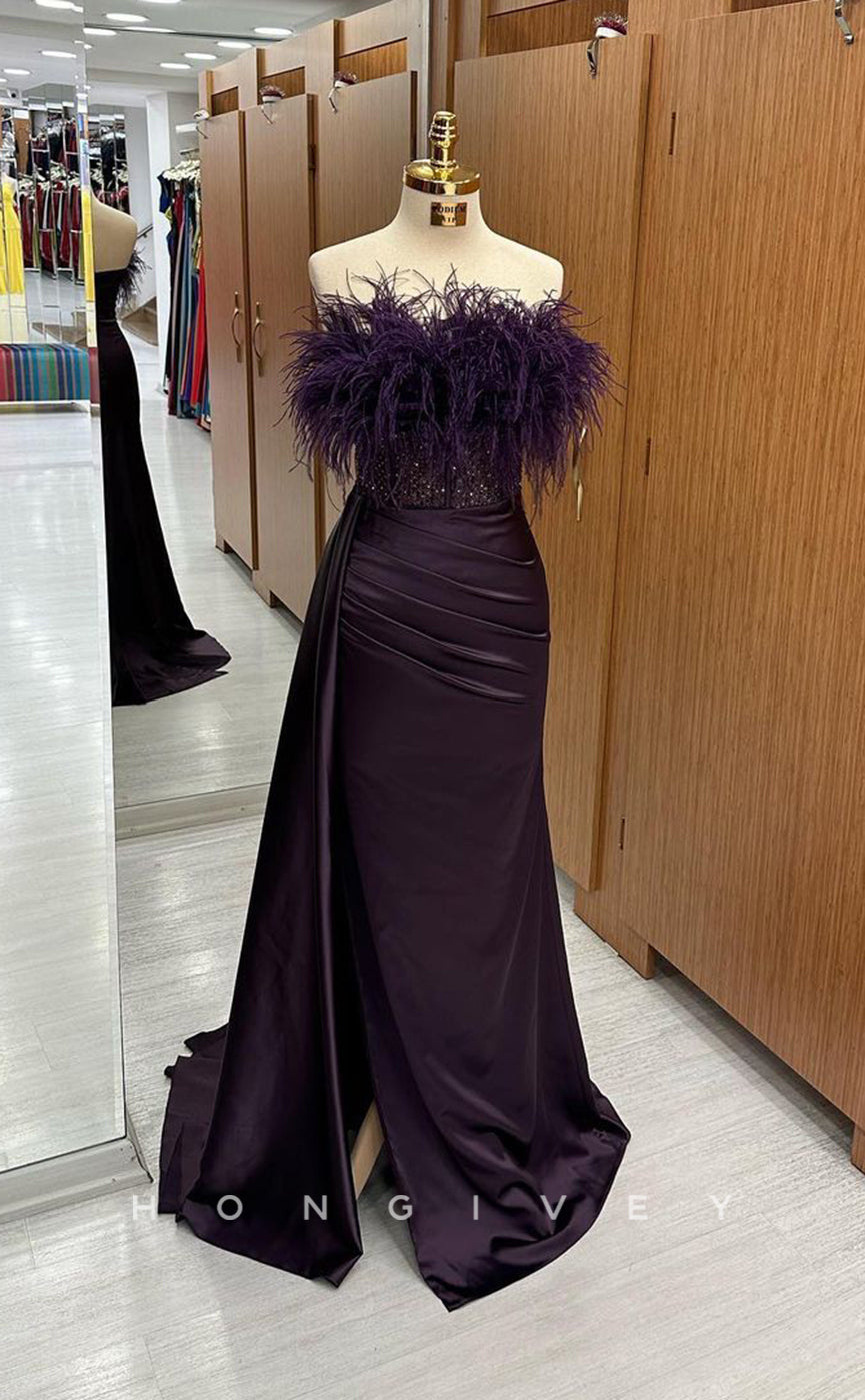 L1708 - Sexy Satin Off-Shoulder Feathers Sequined Empire Pleats Party Prom Evening Dress