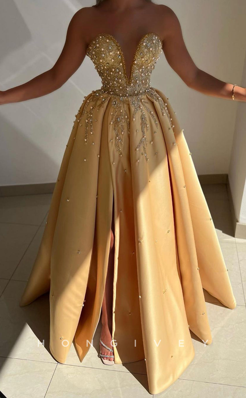 L1746 - Sexy Satin Glitter A-Line V-Neck Strapless Sleeveless Empire Beaded Party Prom Evening Dress