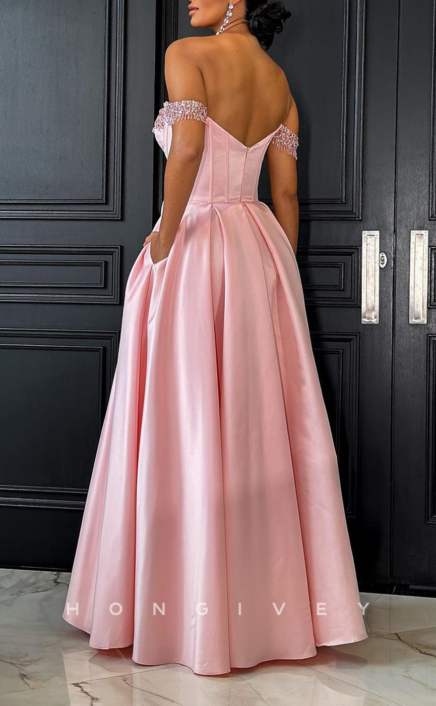 L1753 - Sexy Satin A-Line Off-Shoulder Empire Floor-Length Beaded Fringe Party Prom Evening Dress