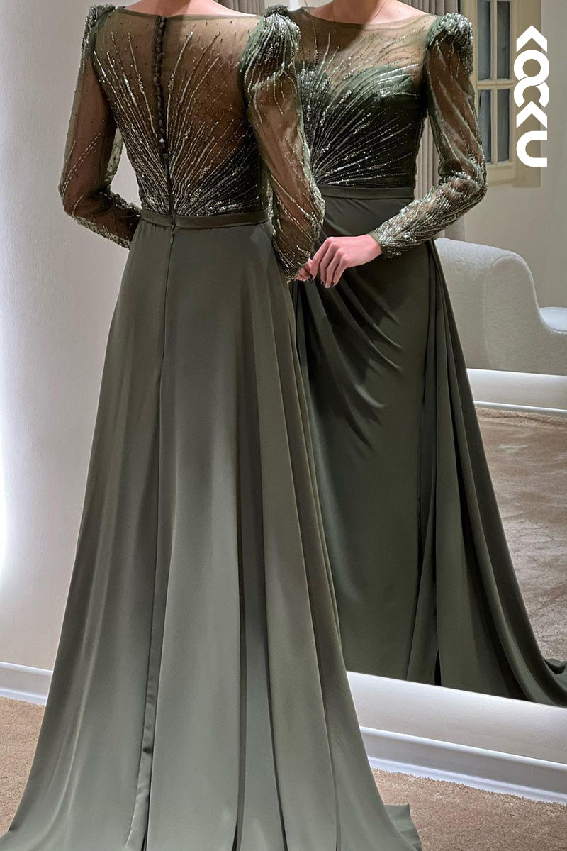 L1762 - Round Neck Long Sleeves Beaded A-Line Long Prom Evening Gown