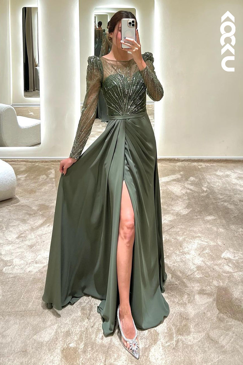 L1762 - Round Neck Long Sleeves Beaded A-Line Long Prom Evening Gown