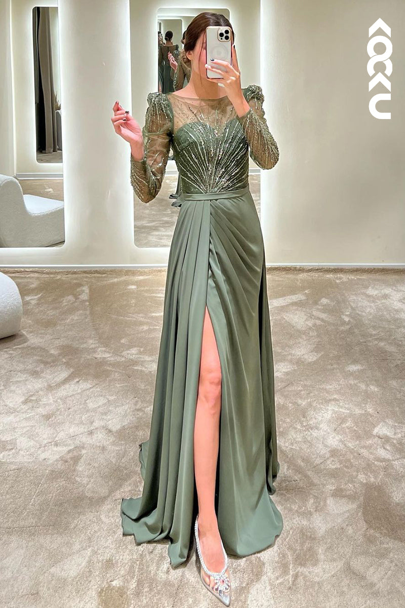 L1762 - Round Neck Long Sleeves Beaded A-Line Long Prom Evening Gown