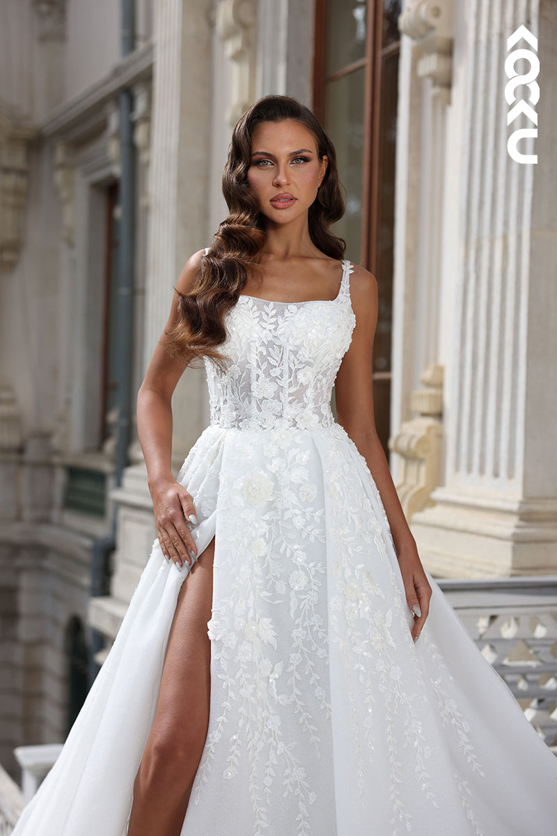 K1801 - Square Neck Floral Appliqued Sheer Tulle A-Line Long Wedding Dress With Slit