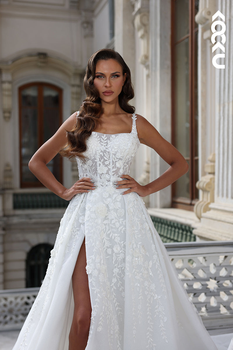 K1801 - Square Neck Floral Appliqued Sheer Tulle A-Line Long Wedding Dress With Slit