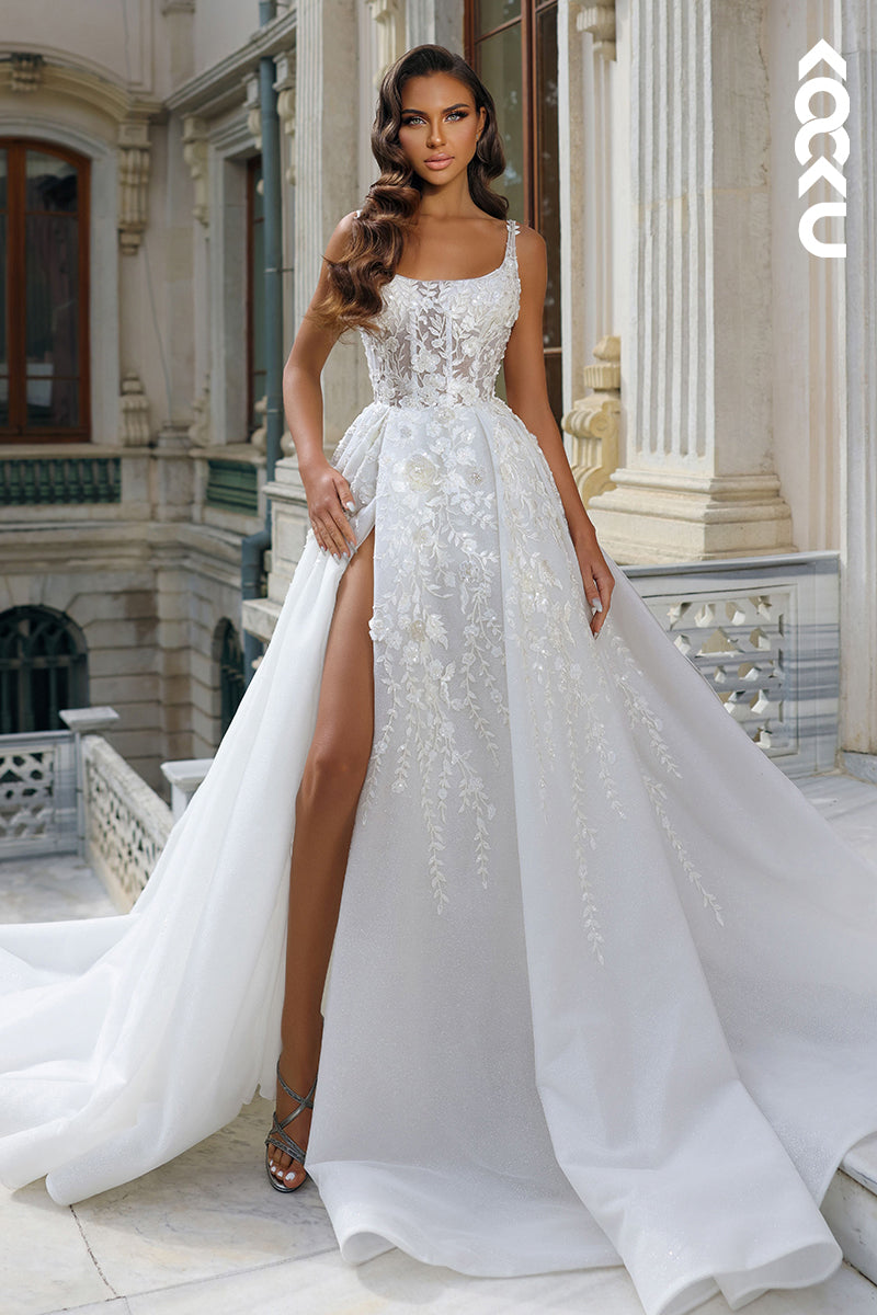 K1801 - Square Neck Floral Appliqued Sheer Tulle A-Line Long Wedding Dress With Slit