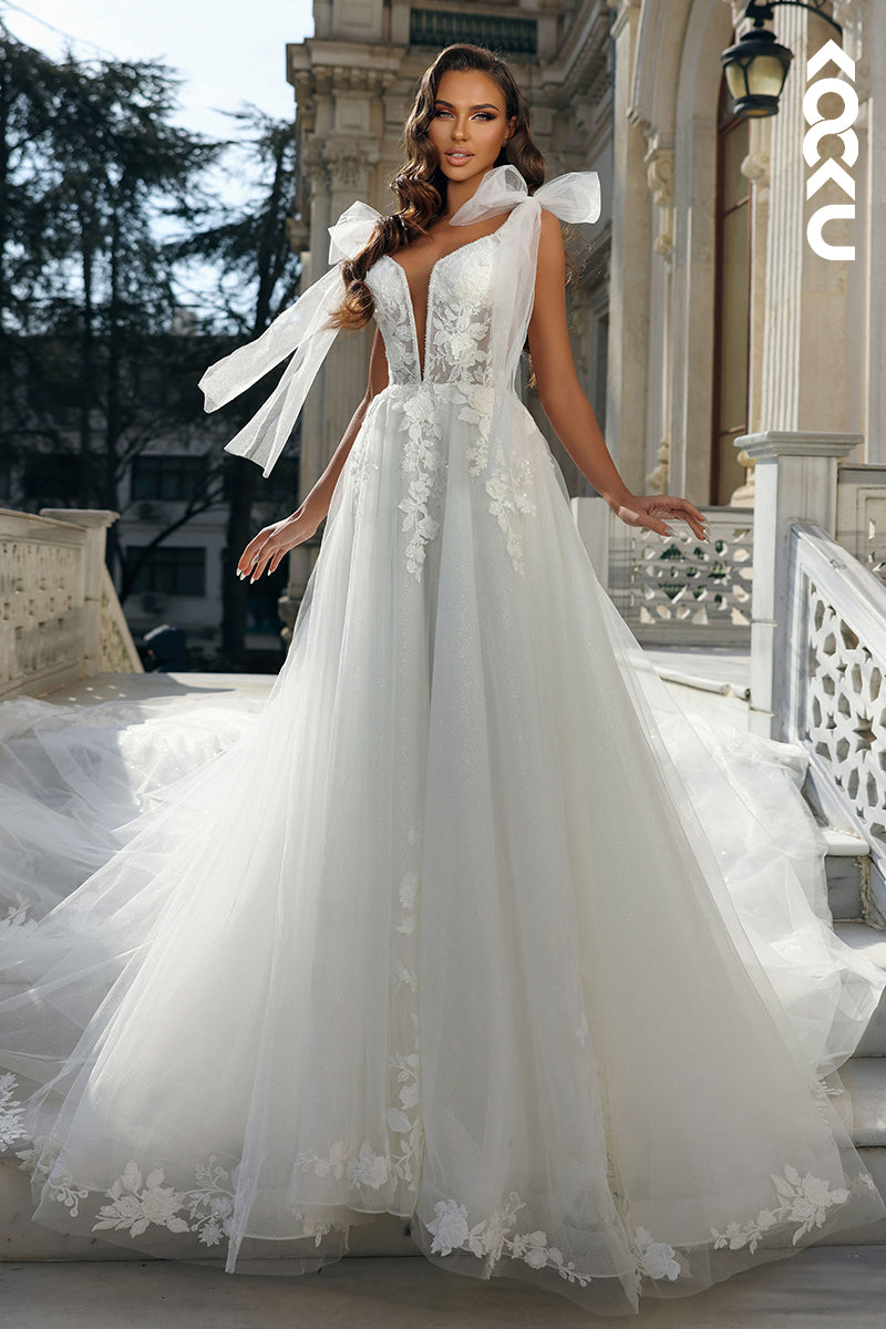 K1802 - Low V-Neck Backless Lace Appliqued Sheer Tulle A-Line Long Wedding Dress