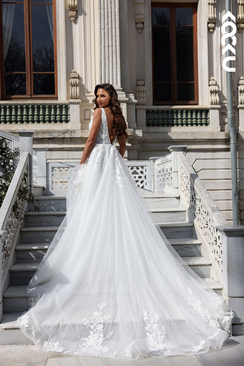 K1802 - Low V-Neck Backless Lace Appliqued Sheer Tulle A-Line Long Wedding Dress