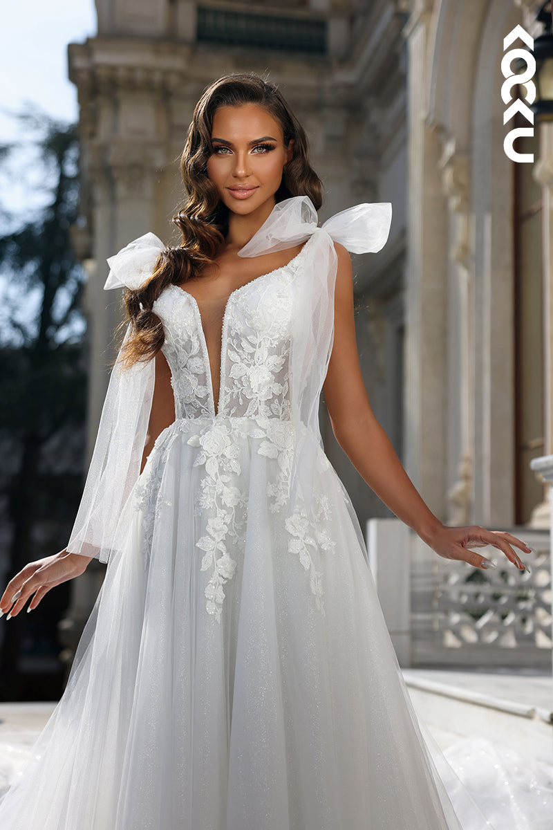 K1802 - Low V-Neck Backless Lace Appliqued Sheer Tulle A-Line Long Wedding Dress