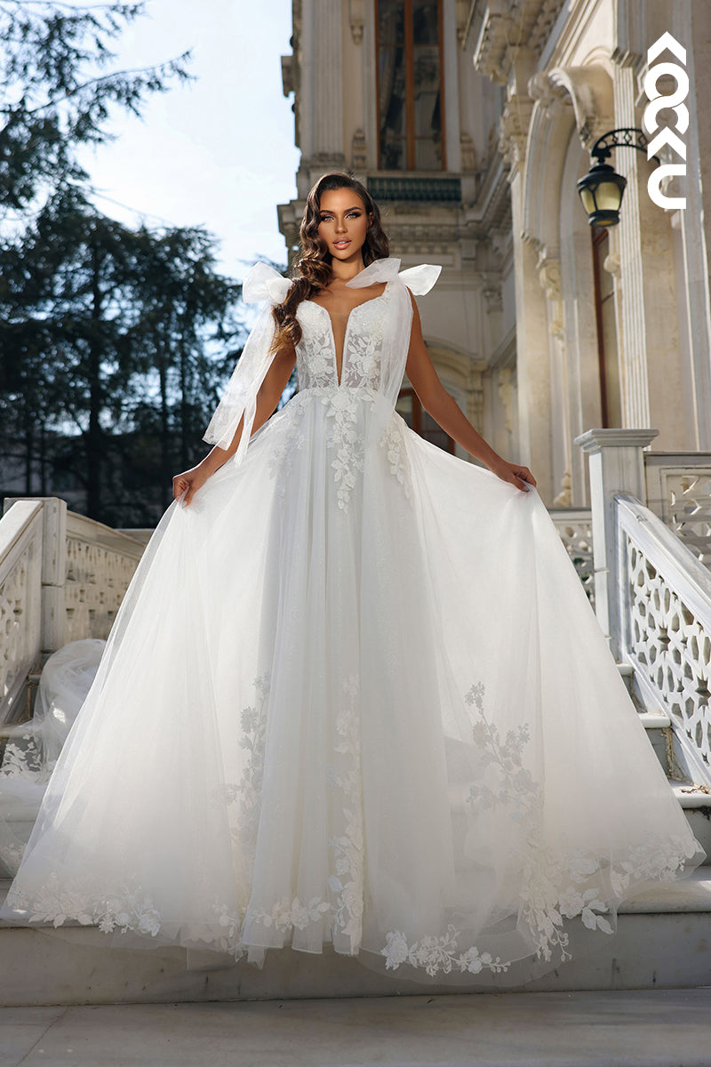 K1802 - Low V-Neck Backless Lace Appliqued Sheer Tulle A-Line Long Wedding Dress