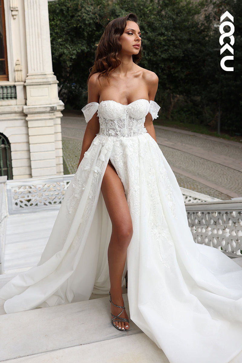 K1803 - Off-Shoulder Sweetheart Sequined Appliqued Tulle A-Line Long Wedding Dress