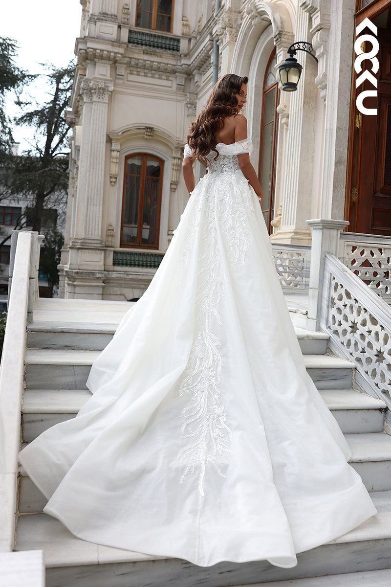 K1803 - Off-Shoulder Sweetheart Sequined Appliqued Tulle A-Line Long Wedding Dress