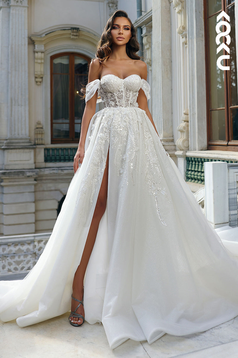 K1803 - Off-Shoulder Sweetheart Sequined Appliqued Tulle A-Line Long Wedding Dress