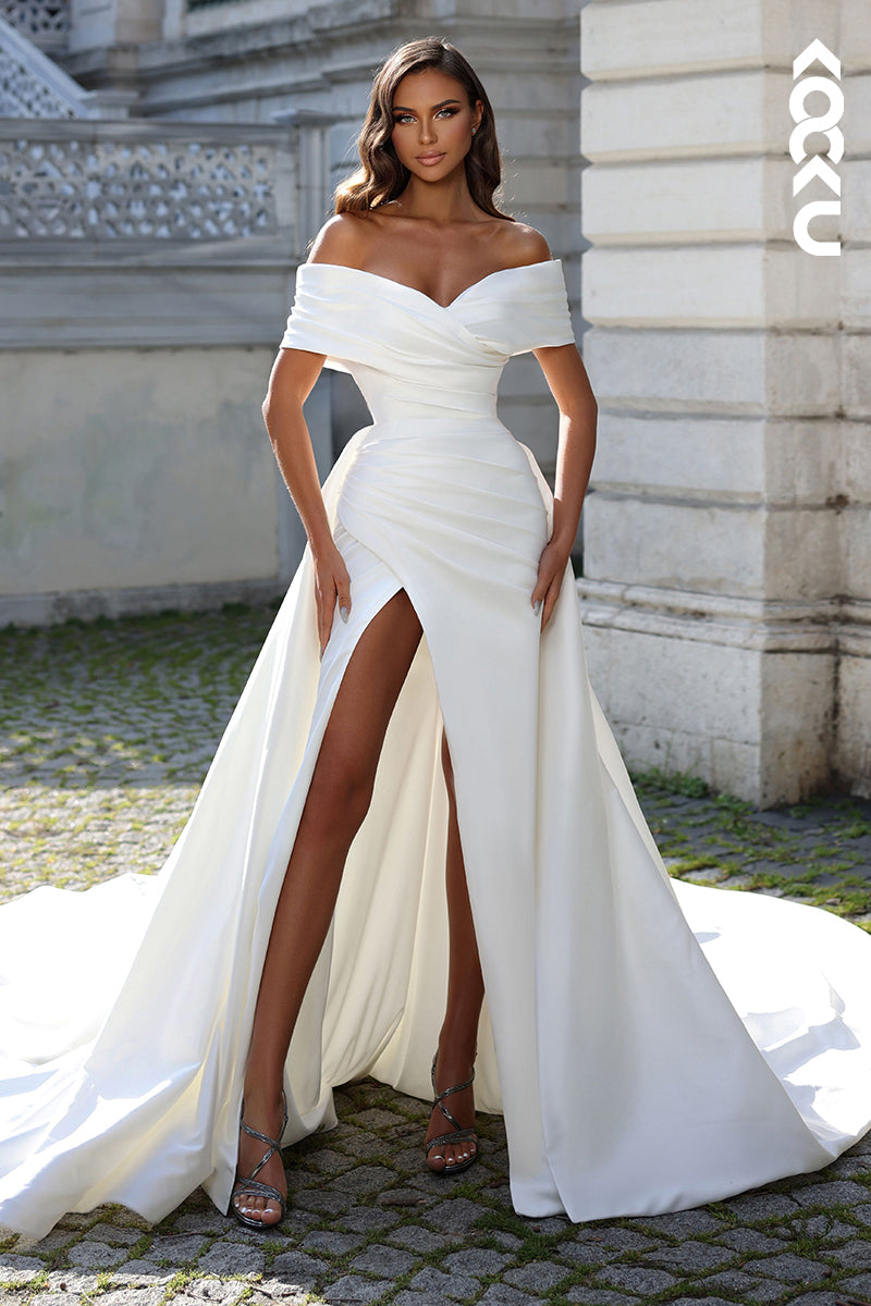 K1805 - Off-Shoulder Ruched Satin Sheath Long Wedding Dress With Sweep Train