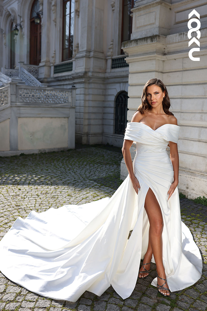 K1805 - Off-Shoulder Ruched Satin Sheath Long Wedding Dress With Sweep Train