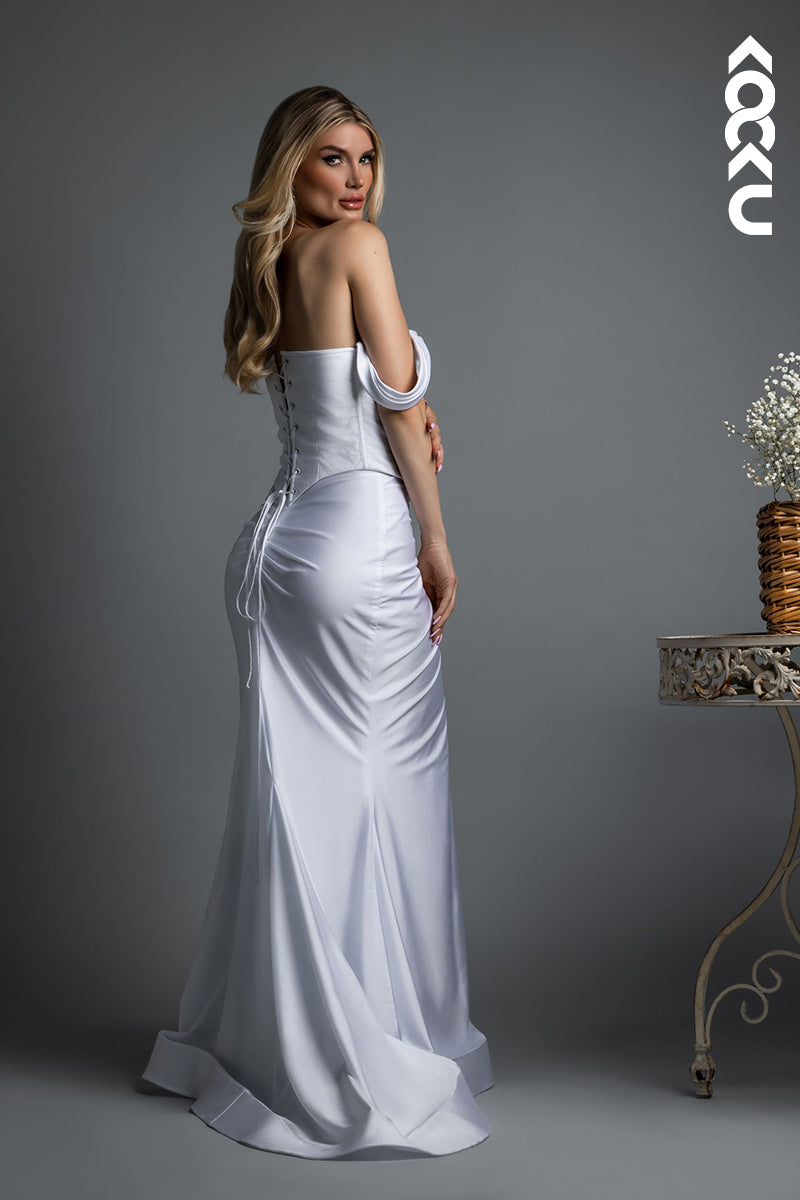 K1807 - Off Shoulder Lace-Up Ruched Satin Sheath Long Wedding Dress With Thigh Slit