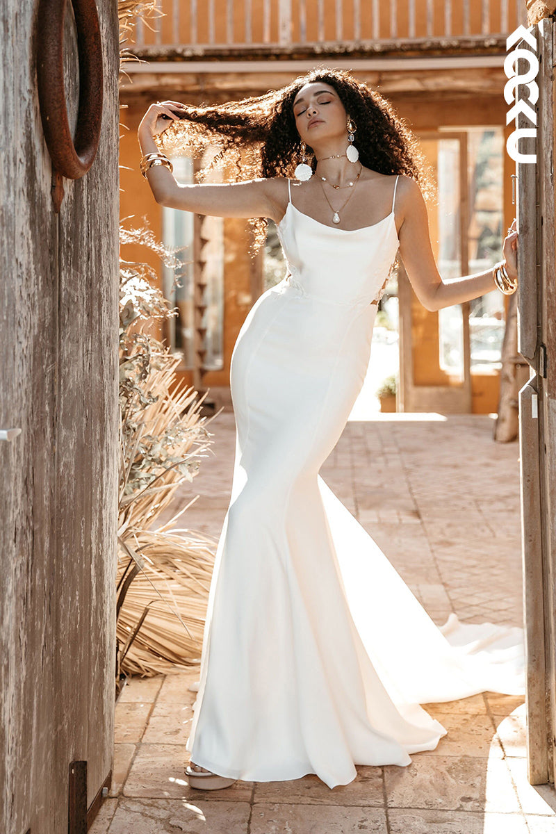 K1808 - Spaghetti Straps Backless Lace Appliqued Satin Mermaid Long Wedding Dress