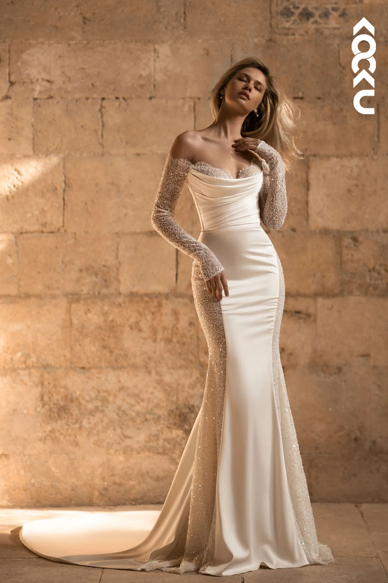 K1809 - Off Shoulder Long Sleeves Sheer Lace Satin Mermaid Long Wedding Dress