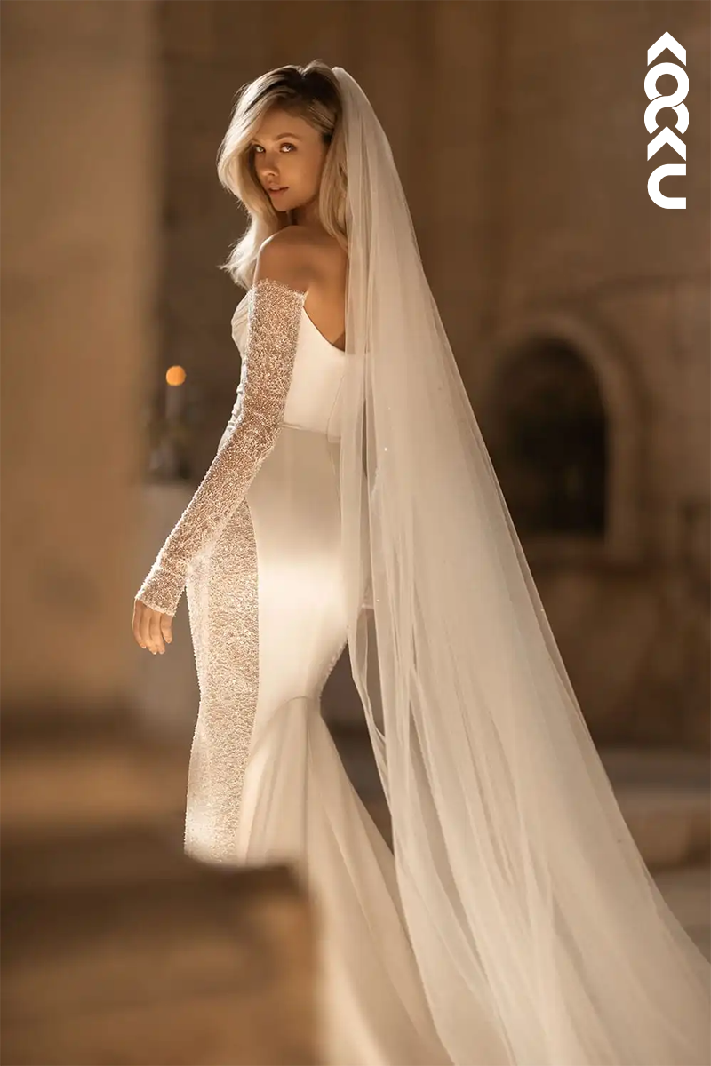 K1809 - Off Shoulder Long Sleeves Sheer Lace Satin Mermaid Long Wedding Dress