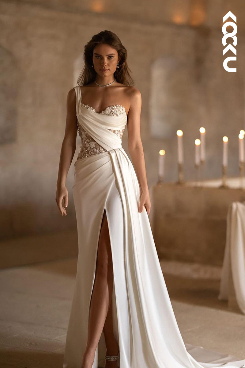 K1810 - One Shoulder Sweetheart Appliqued Tulle Satin Sheath Long Wedding Dress